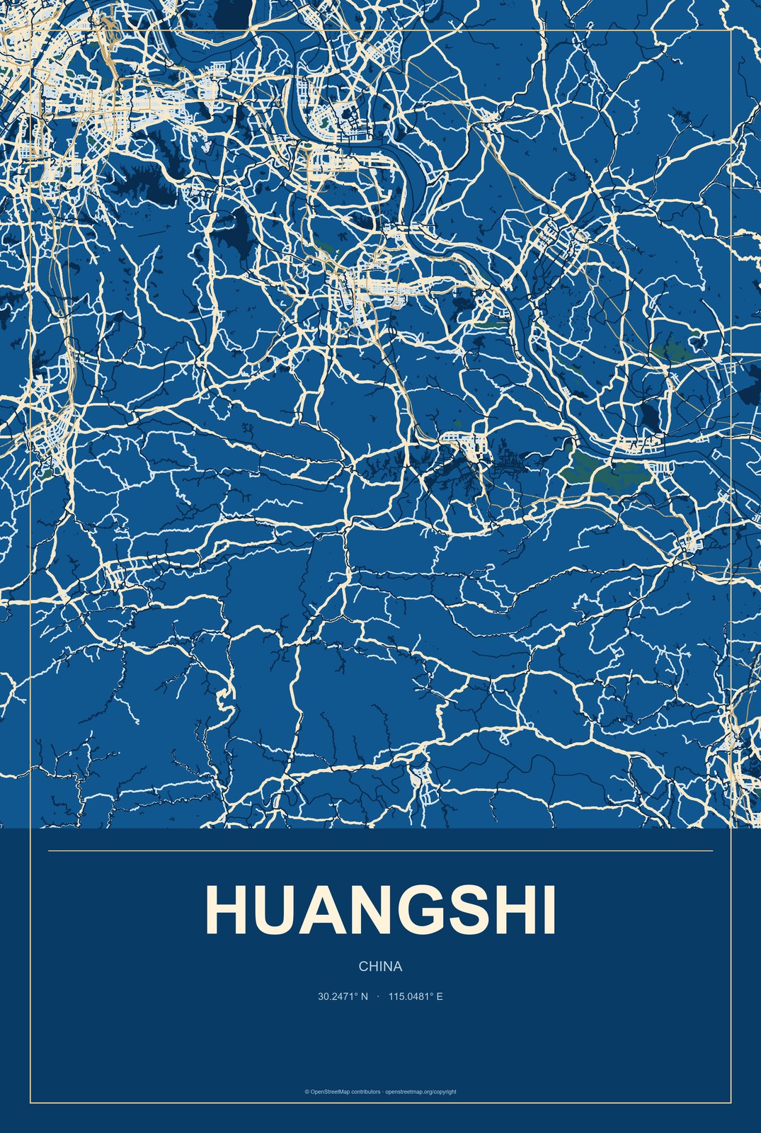Huangshi, China City Map Aluminum Sign in Harbor Cobalt style