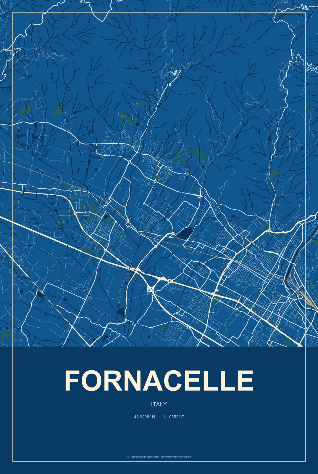 Fornacelle, Italy City Map Aluminum Sign in Harbor Cobalt style