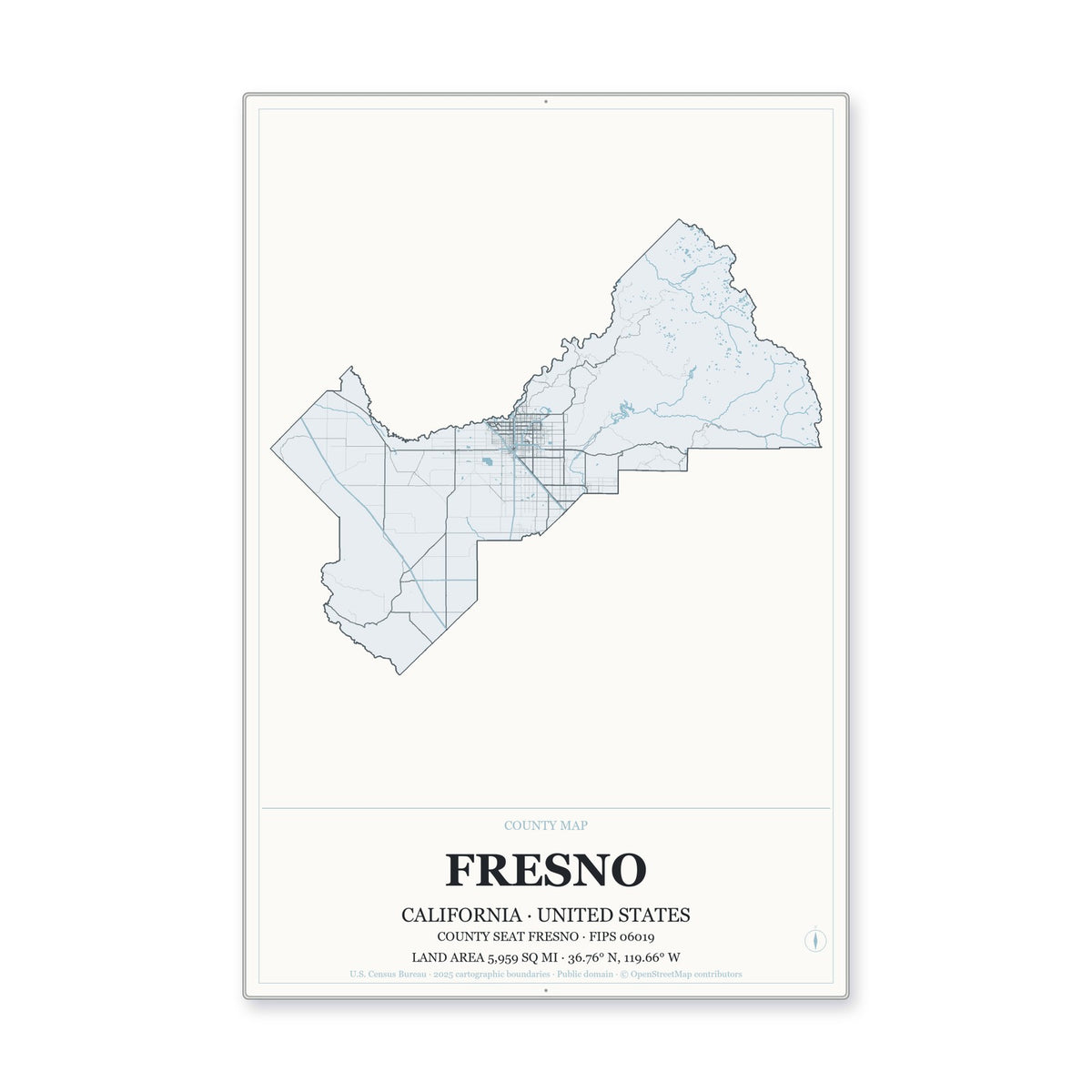 Fresno County, California Map Aluminum Sign in Gallery Air style