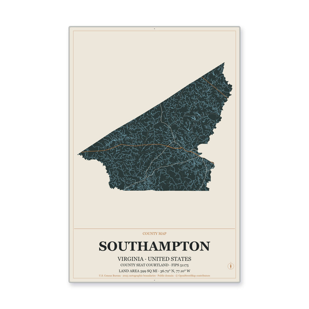 Southampton County, Virginia Map Aluminum Sign in Headline Atlas style