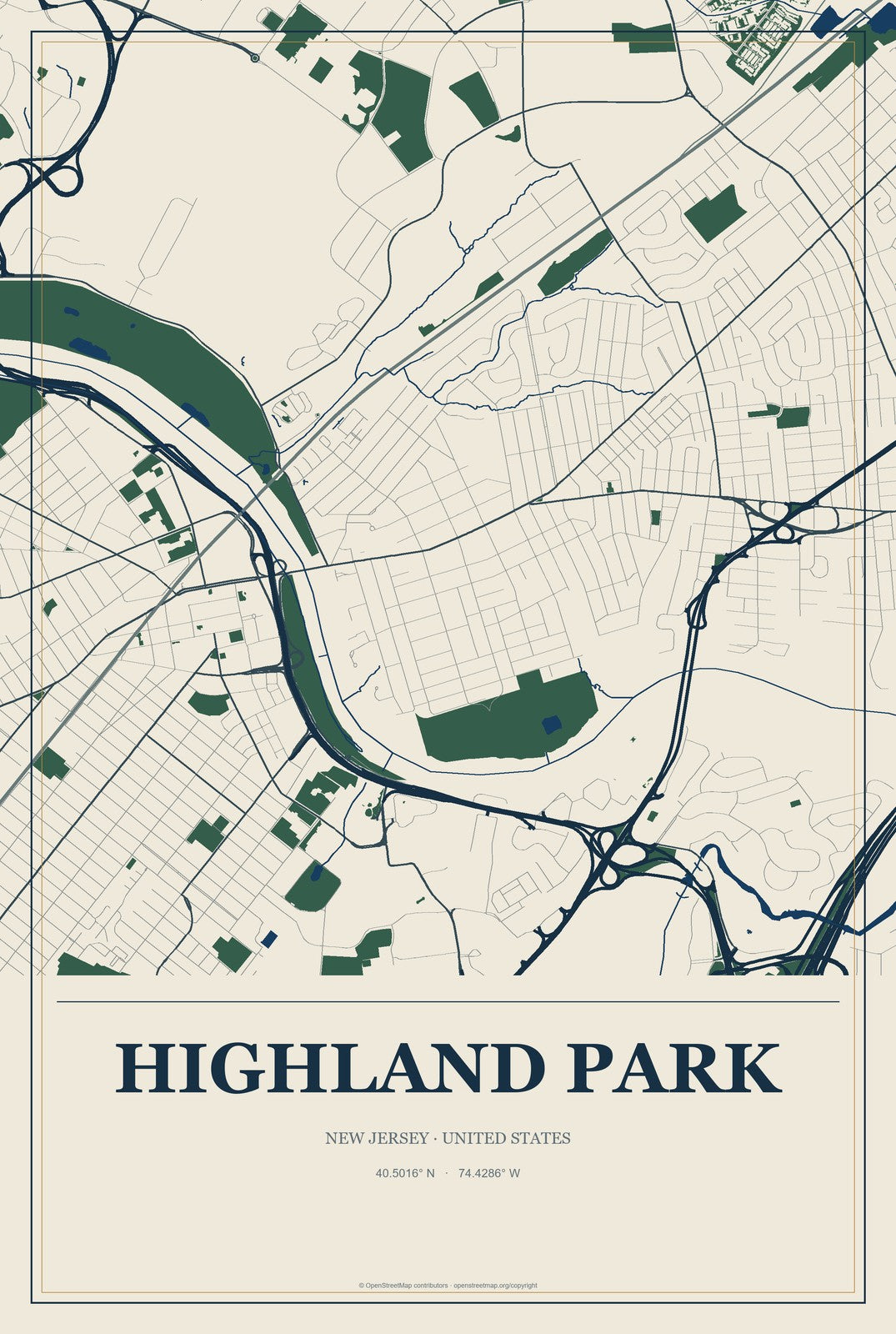 Highland Park, New Jersey City Map Aluminum Sign in Coastal Cutout style
