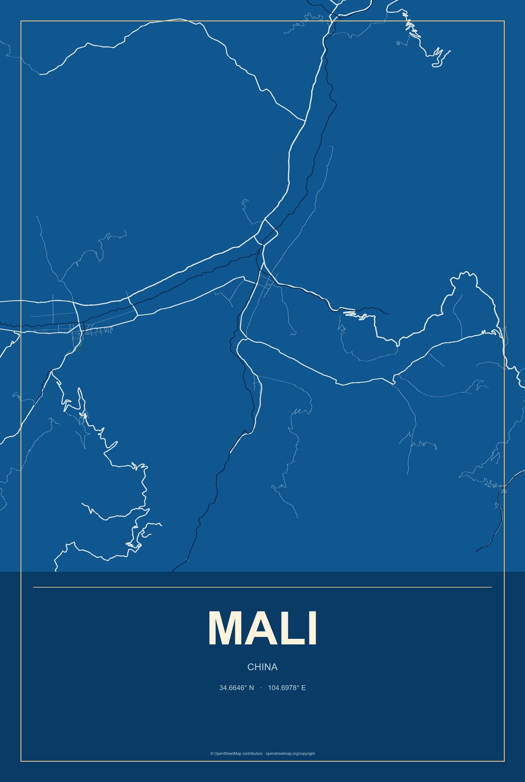 Mali, China City Map Aluminum Sign in Harbor Cobalt style