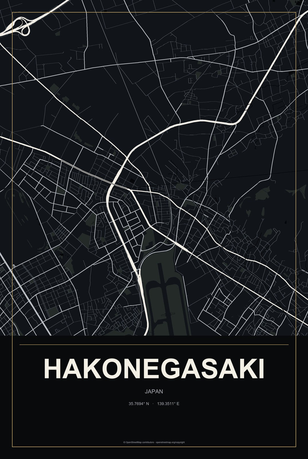 Hakonegasaki, Japan City Map Aluminum Sign in Metropolitan Noir style