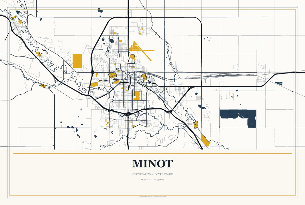 Minot, North Dakota City Map Aluminum Sign in Citrine Modern style