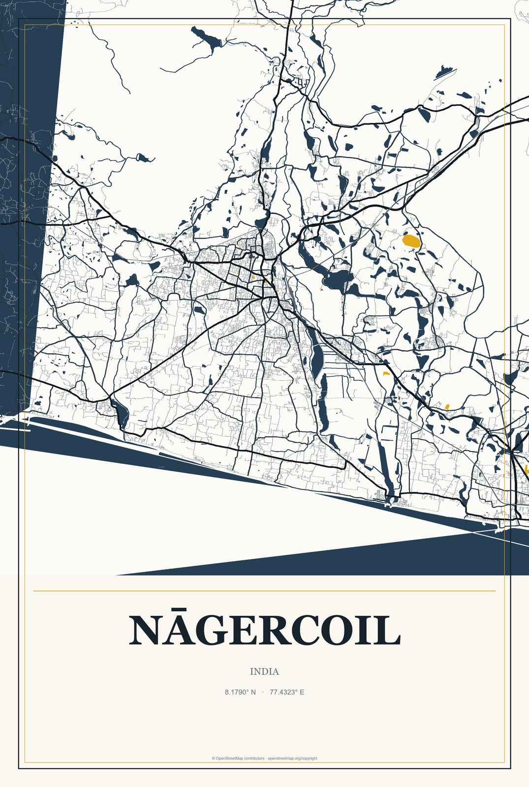 Nāgercoil, India City Map Aluminum Sign in Citrine Modern style