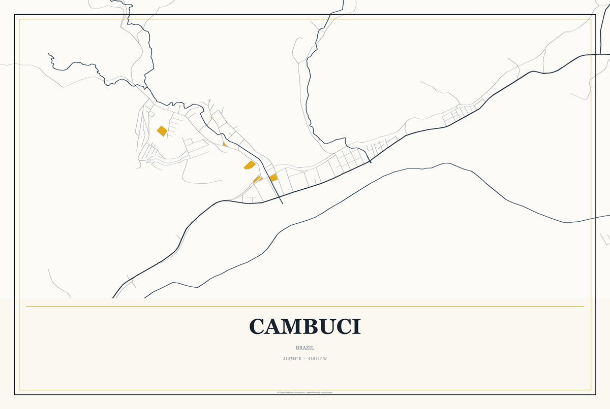 Cambuci, Brazil City Map Aluminum Sign in Citrine Modern style