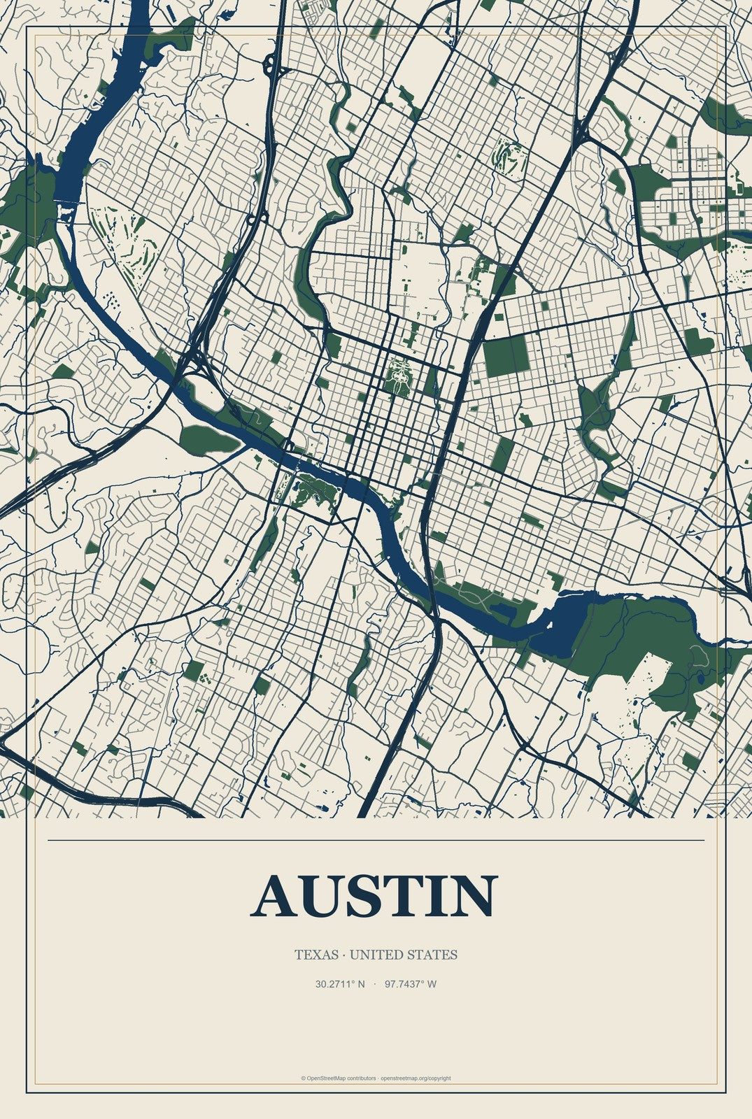 Austin, Texas City Map Aluminum Sign in Coastal Cutout style