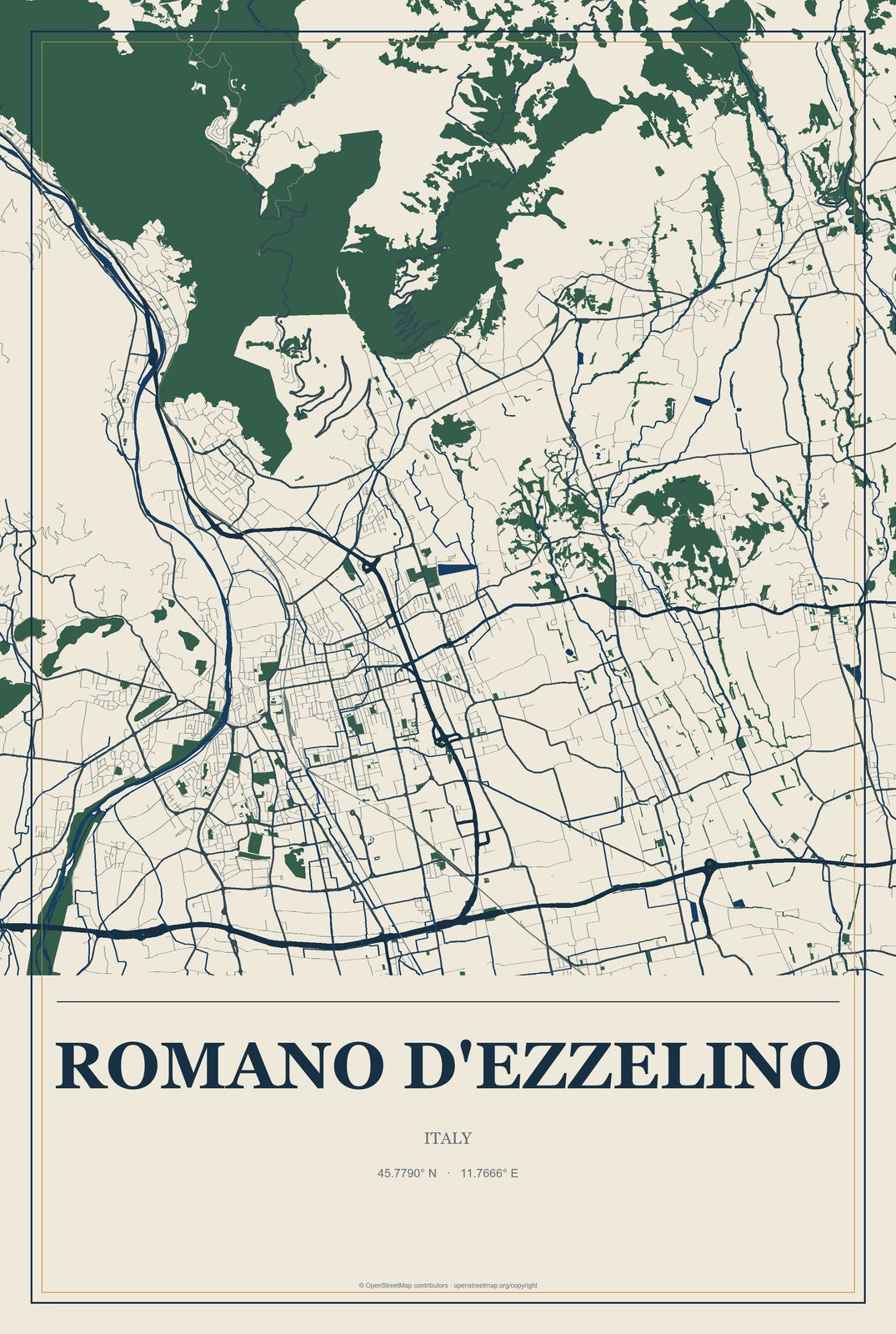 Romano d'Ezzelino, Italy City Map Aluminum Sign in Coastal Cutout style
