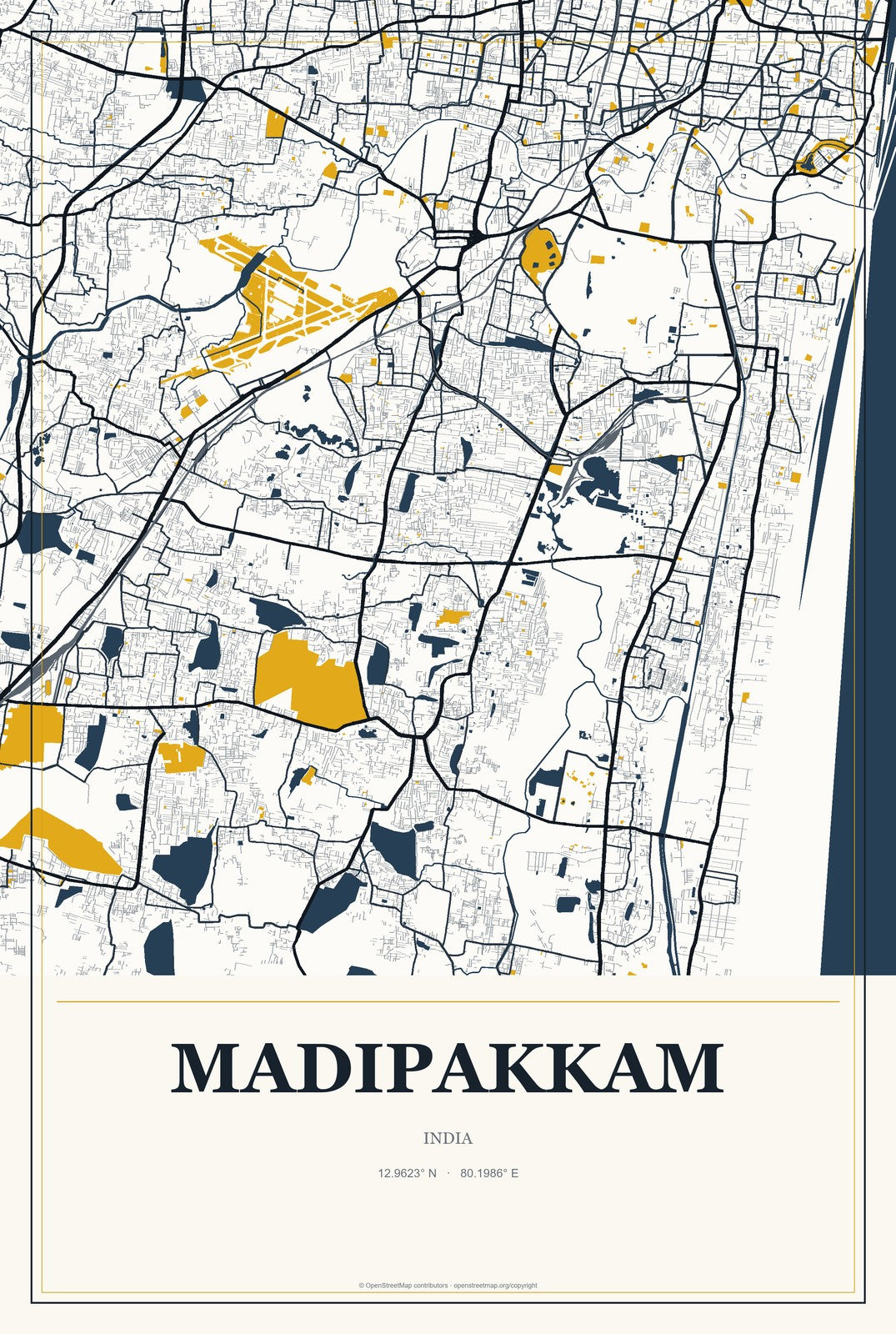 Madipakkam, India City Map Aluminum Sign in Citrine Modern style