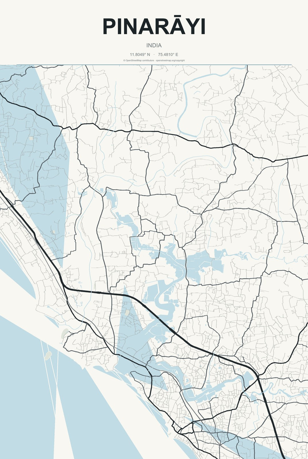 Pinarāyi, India City Map Aluminum Sign in Headline Atlas style