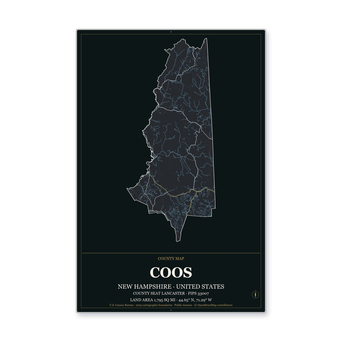 Coos County, New Hampshire Map Aluminum Sign in Metropolitan Noir style