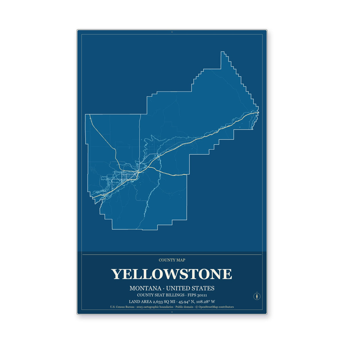 Yellowstone County, Montana Map Aluminum Sign in Harbor Cobalt style