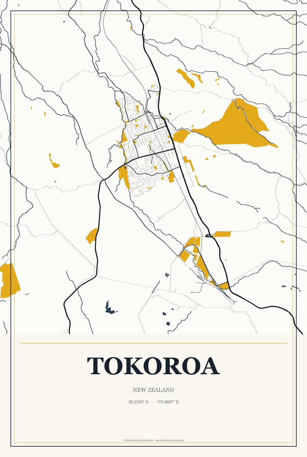 Tokoroa, New Zealand City Map Aluminum Sign in Citrine Modern style