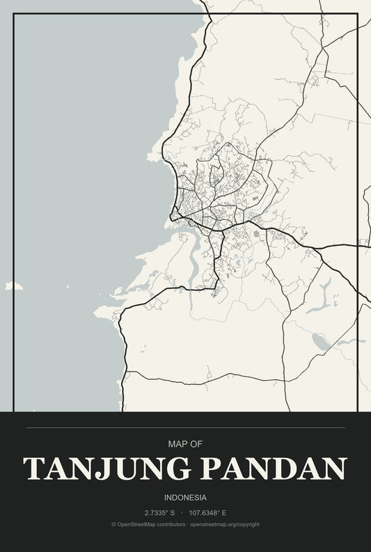 Tanjung Pandan, Indonesia City Map Aluminum Sign in Museum Plaque style