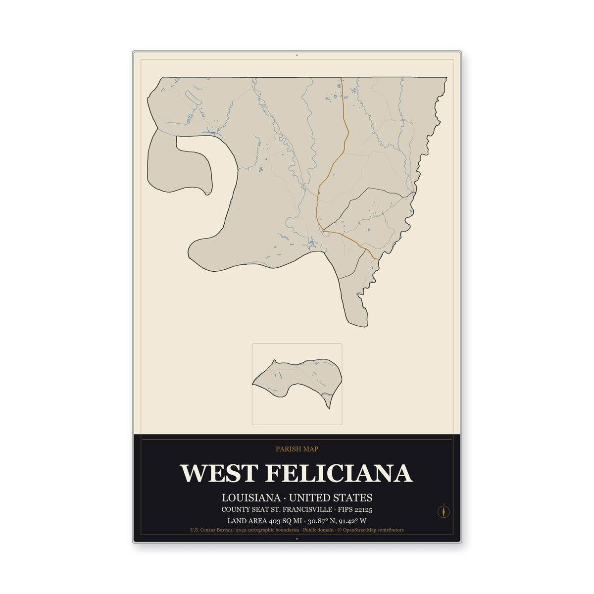 West Feliciana Parish, Louisiana Map Aluminum Sign in Museum Plaque style