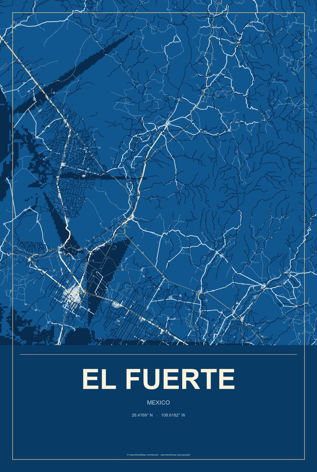 El Fuerte, Mexico City Map Aluminum Sign in Harbor Cobalt style