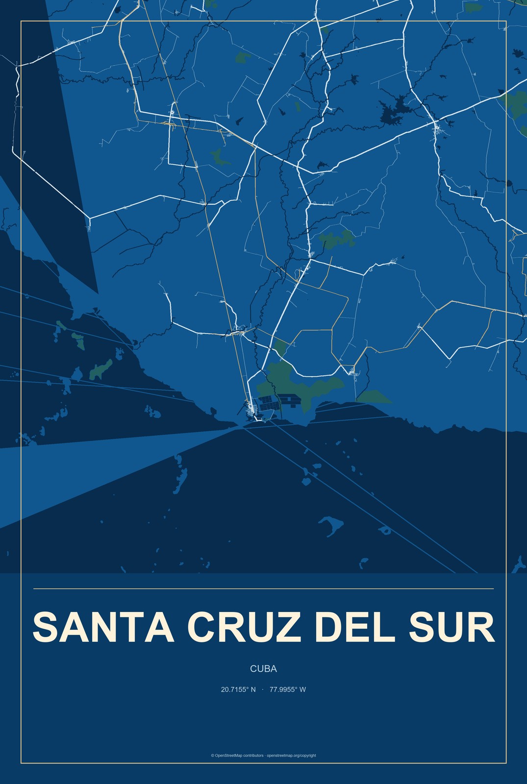 Santa Cruz del Sur, Cuba City Map Aluminum Sign in Harbor Cobalt style