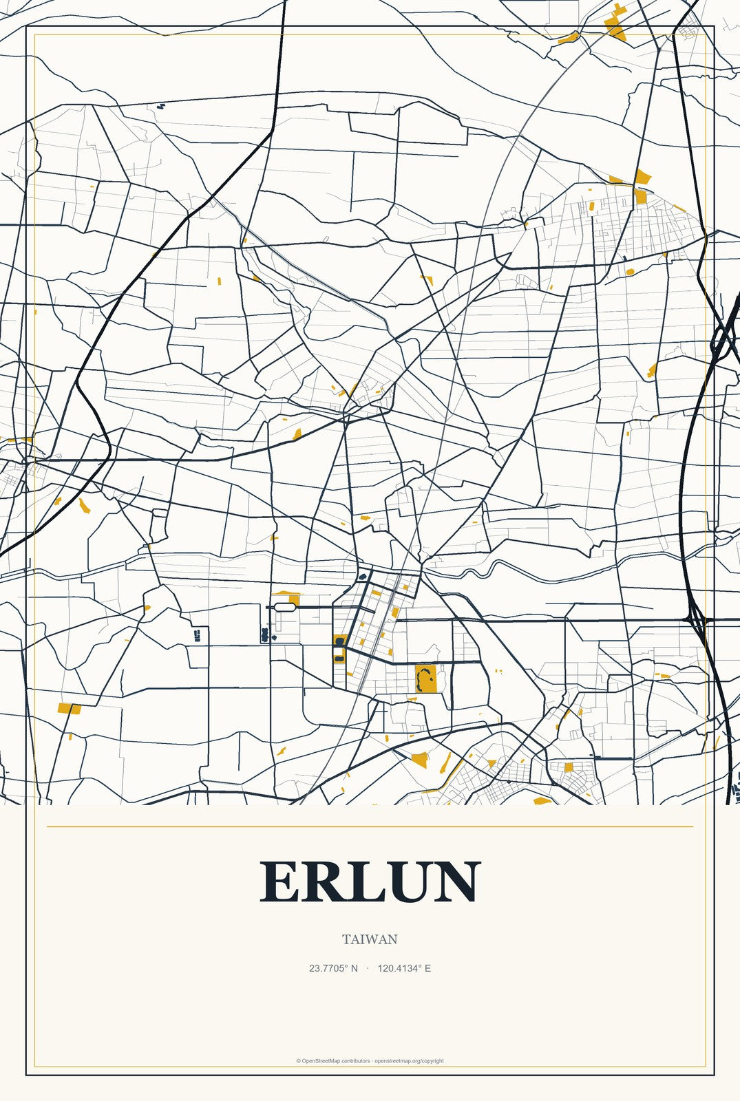 Erlun, Taiwan City Map Aluminum Sign in Citrine Modern style
