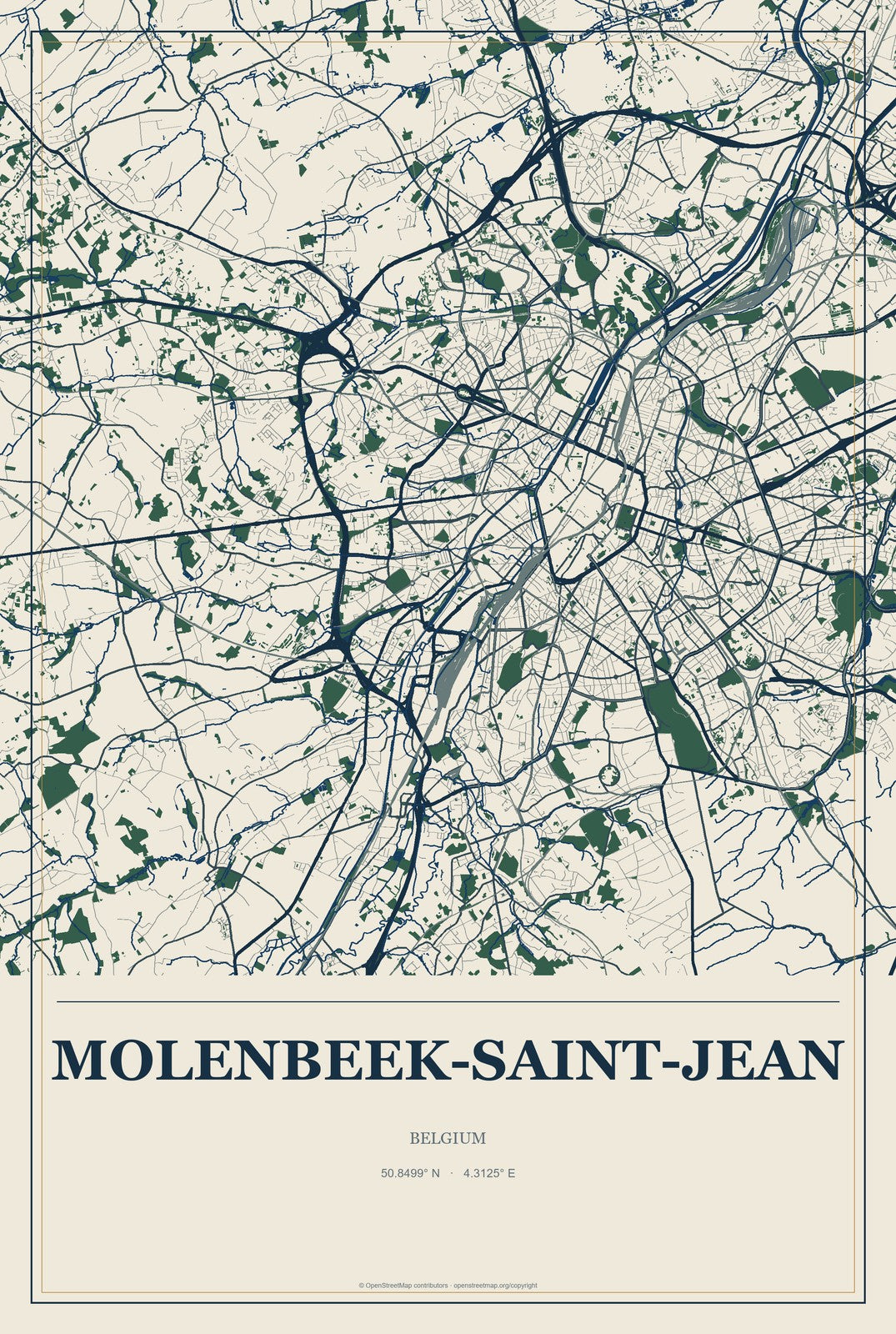 Molenbeek-Saint-Jean, Belgium City Map Aluminum Sign in Coastal Cutout style
