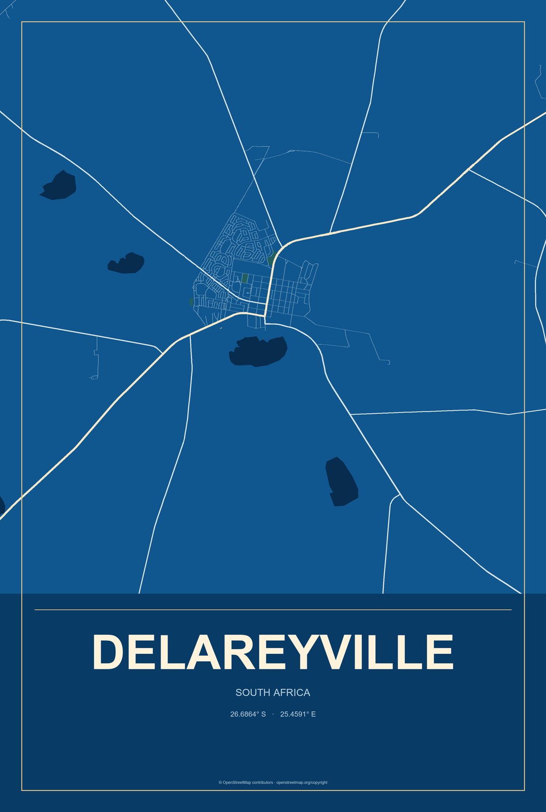 Delareyville, South Africa City Map Aluminum Sign in Harbor Cobalt style