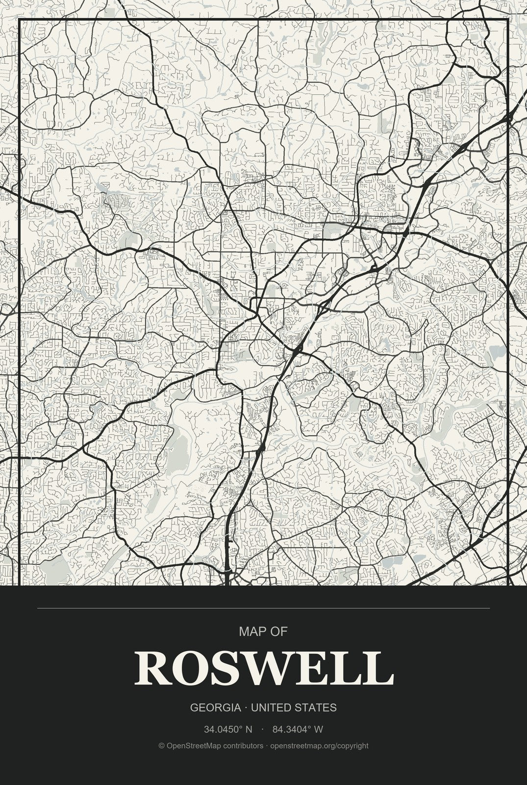 Roswell, Georgia City Map Aluminum Sign in Museum Plaque style