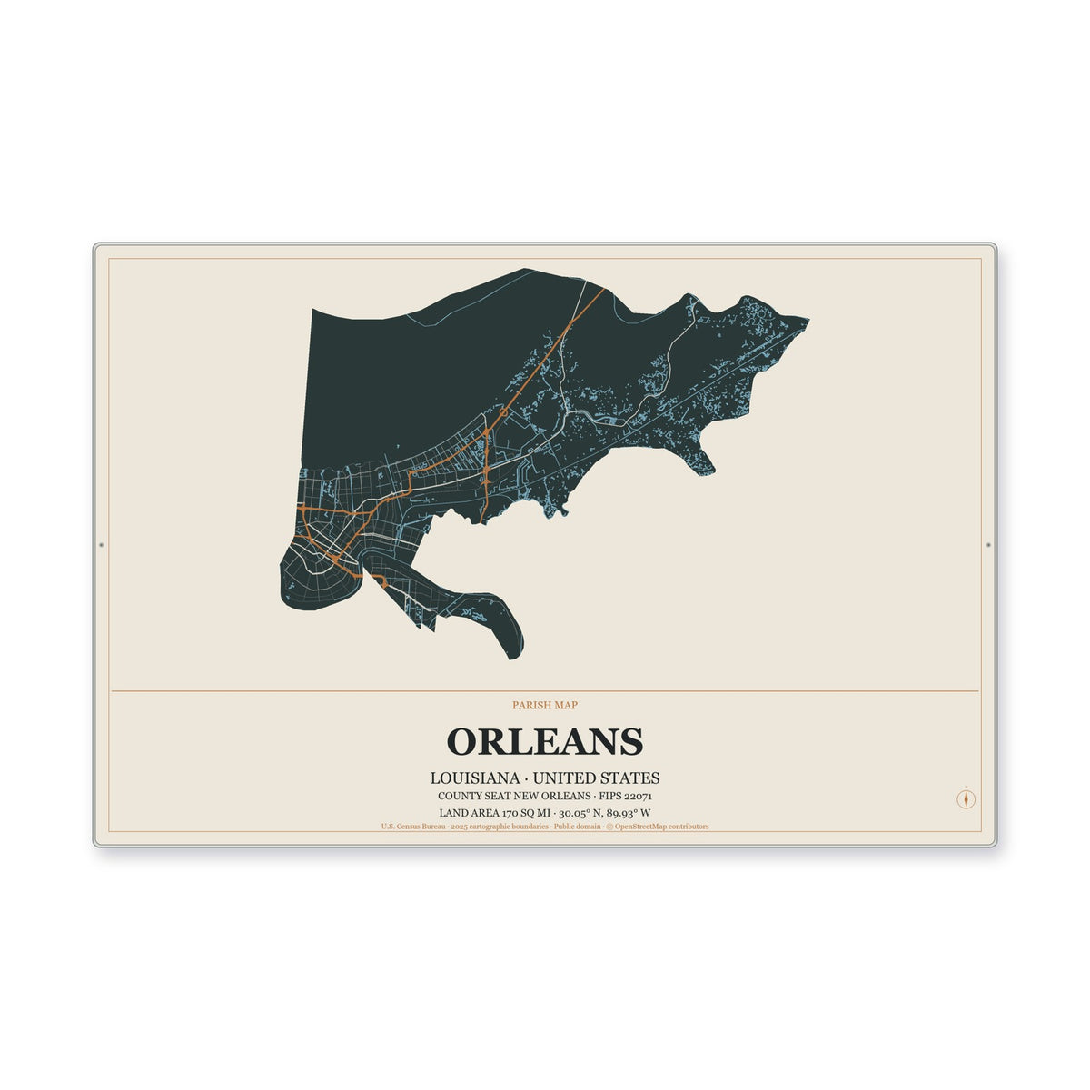 Orleans Parish, Louisiana Map Aluminum Sign in Headline Atlas style