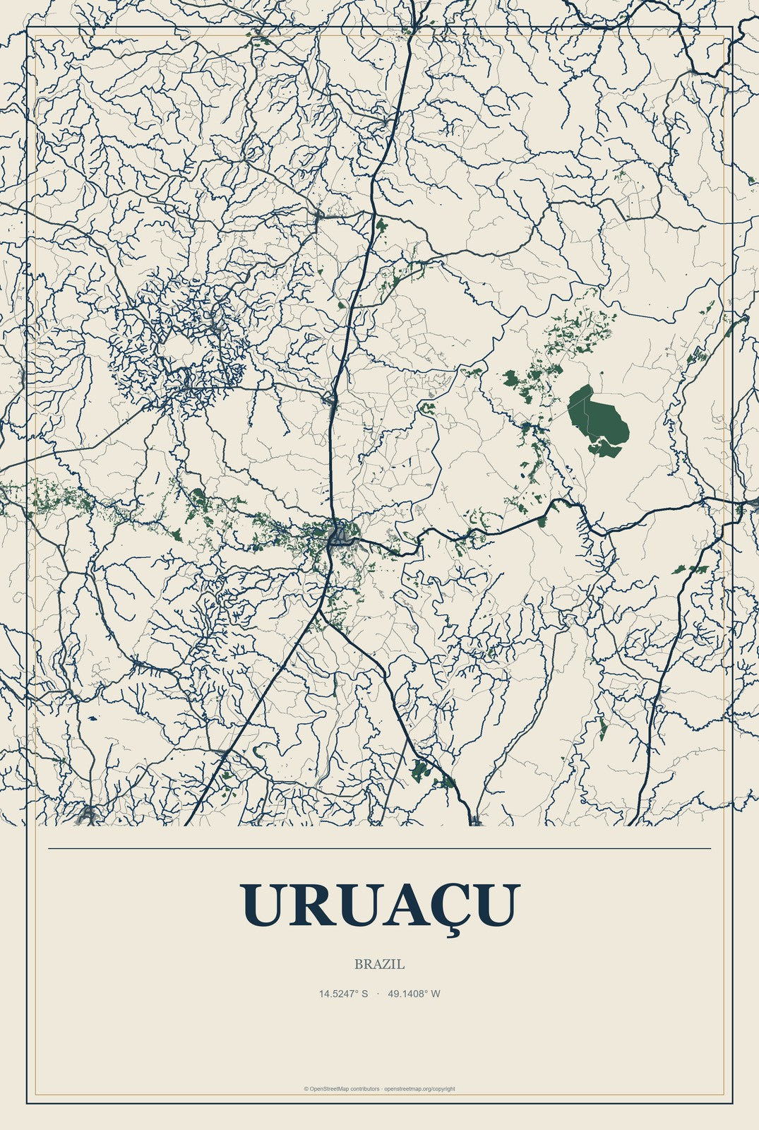 Uruaçu, Brazil City Map Aluminum Sign in Coastal Cutout style