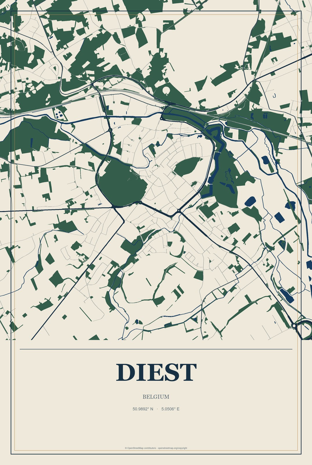Diest, Belgium City Map Aluminum Sign in Coastal Cutout style