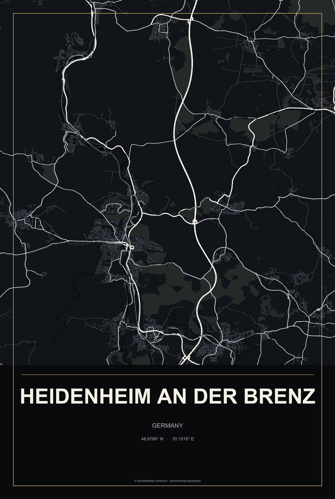 Heidenheim an der Brenz, Germany City Map Aluminum Sign in Metropolitan Noir style