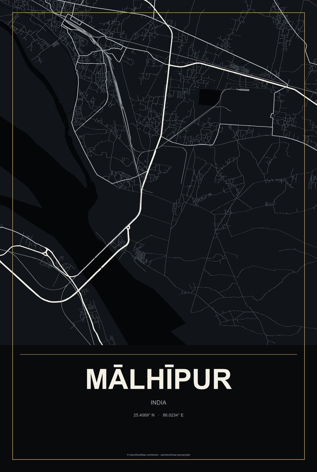 Mālhīpur, India City Map Aluminum Sign in Metropolitan Noir style