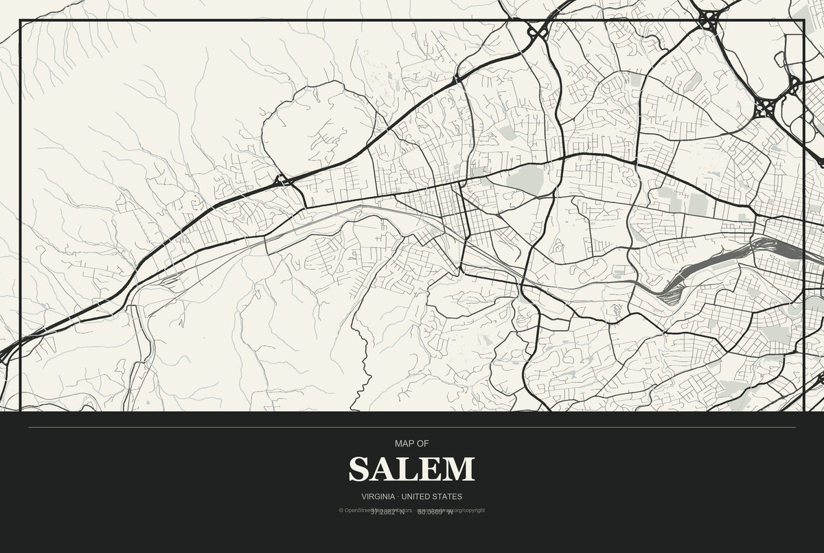 Salem, Virginia City Map Aluminum Sign in Museum Plaque style