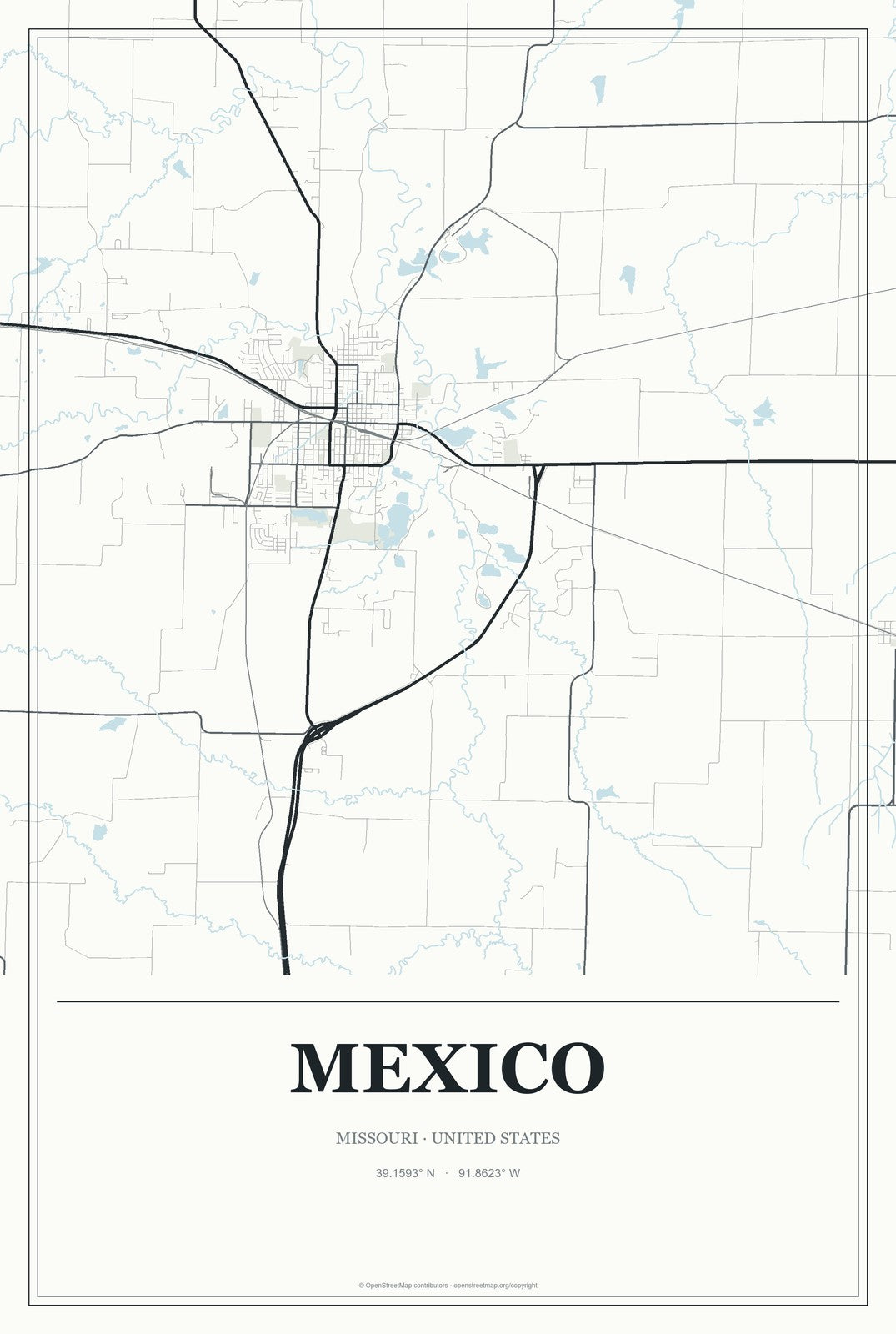 Mexico, Missouri City Map Aluminum Sign in Gallery Air style