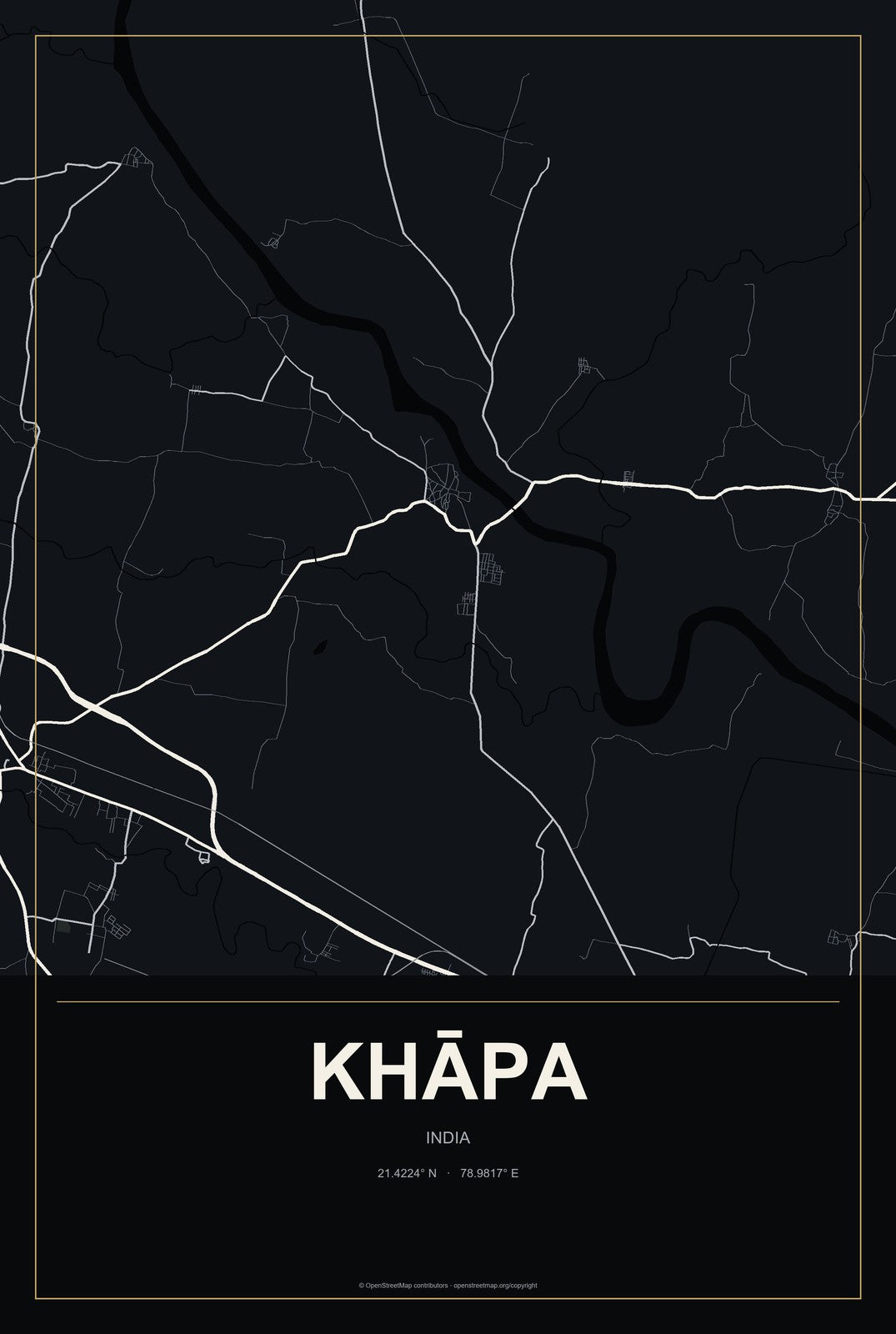 Khāpa, India City Map Aluminum Sign in Metropolitan Noir style