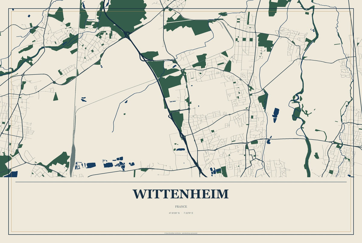 Wittenheim, France City Map Aluminum Sign in Coastal Cutout style