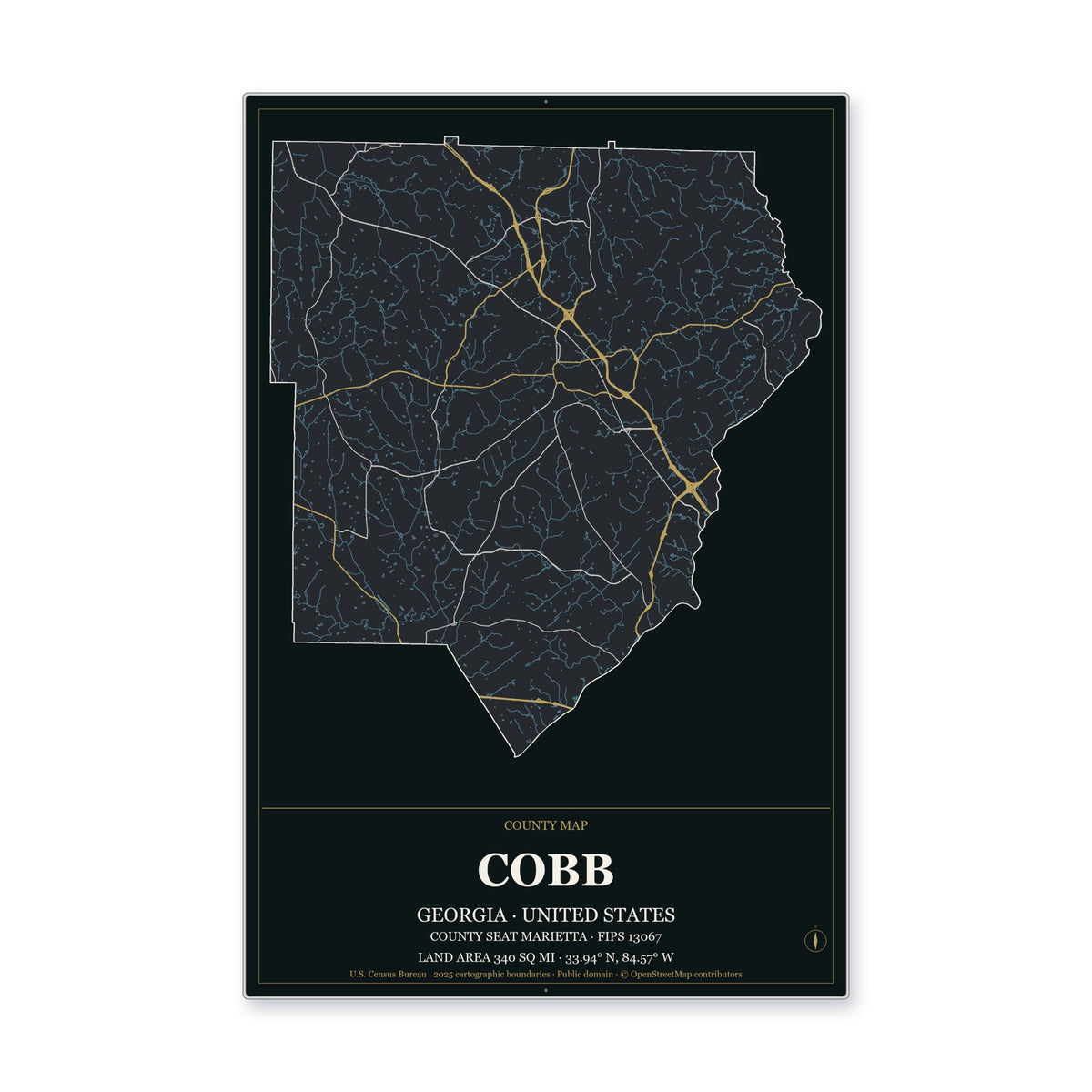 Cobb County, Georgia Map Aluminum Sign in Metropolitan Noir style