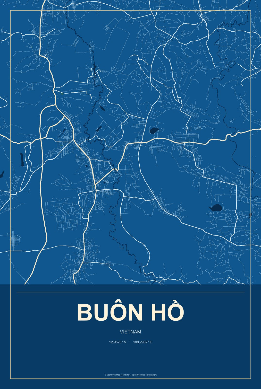 Buôn Hồ, Vietnam City Map Aluminum Sign in Harbor Cobalt style