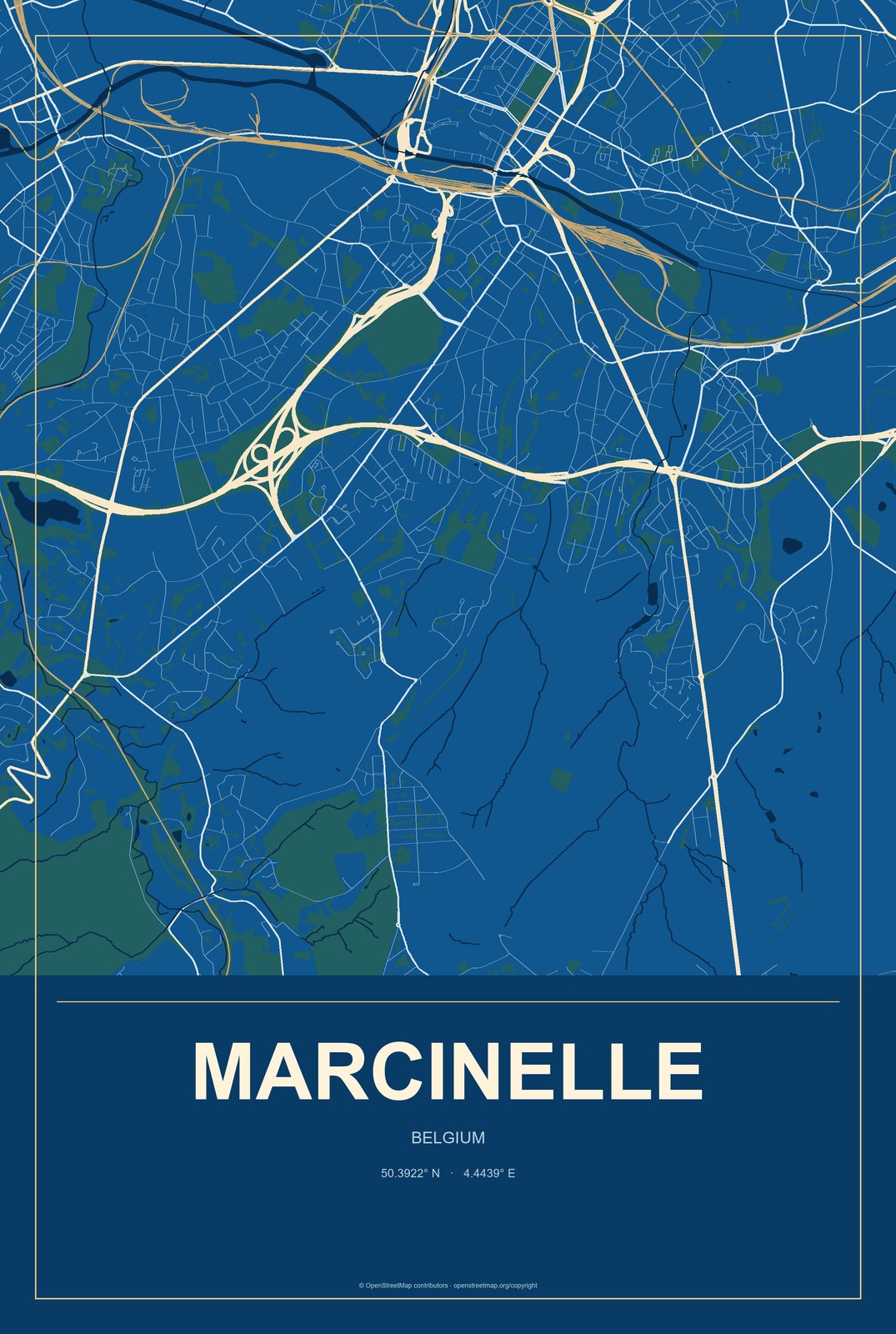 Marcinelle, Belgium City Map Aluminum Sign in Harbor Cobalt style