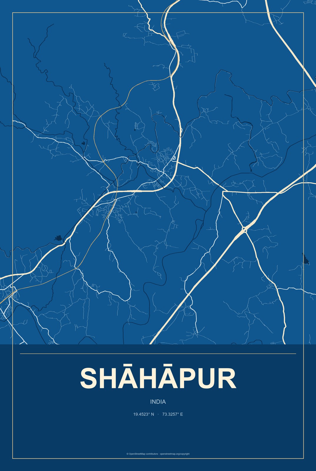 Shāhāpur, India City Map Aluminum Sign in Harbor Cobalt style