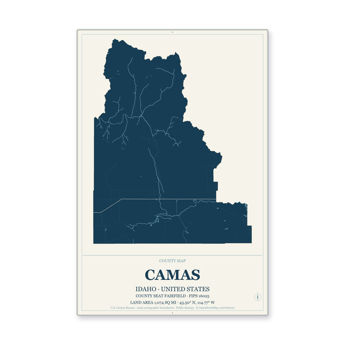 Camas County, Idaho Map Aluminum Sign in Coastal Cutout style
