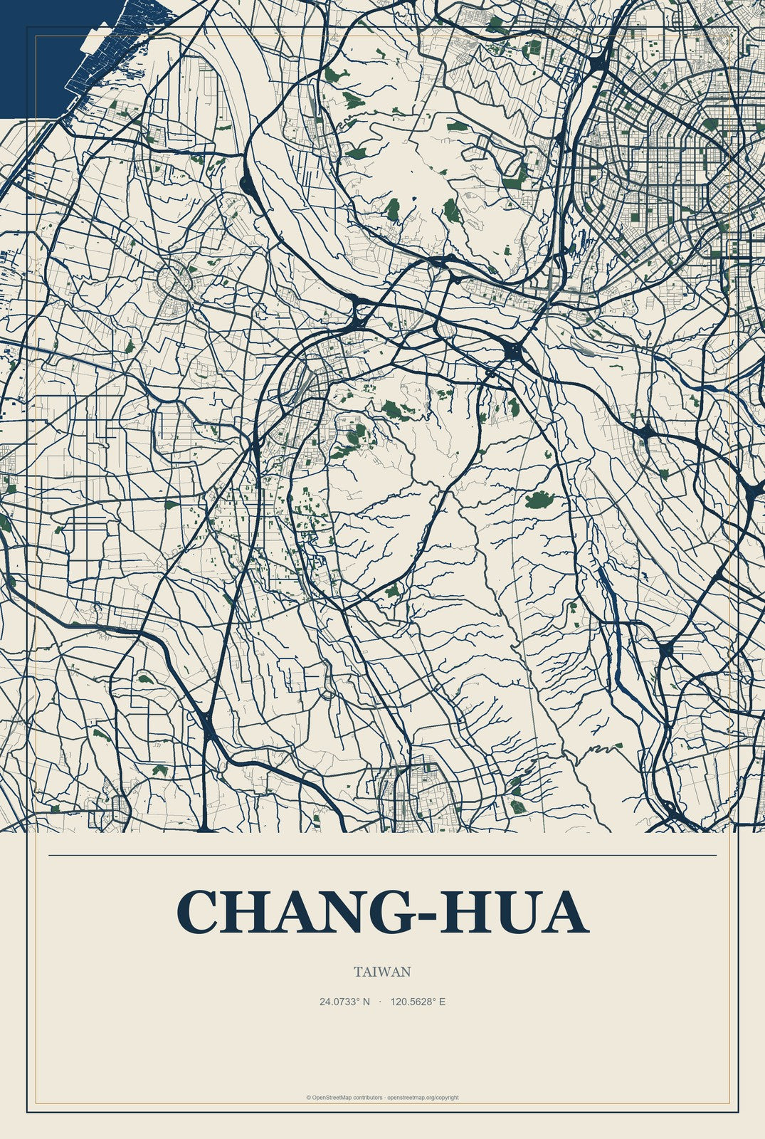 Chang-hua, Taiwan City Map Aluminum Sign in Coastal Cutout style