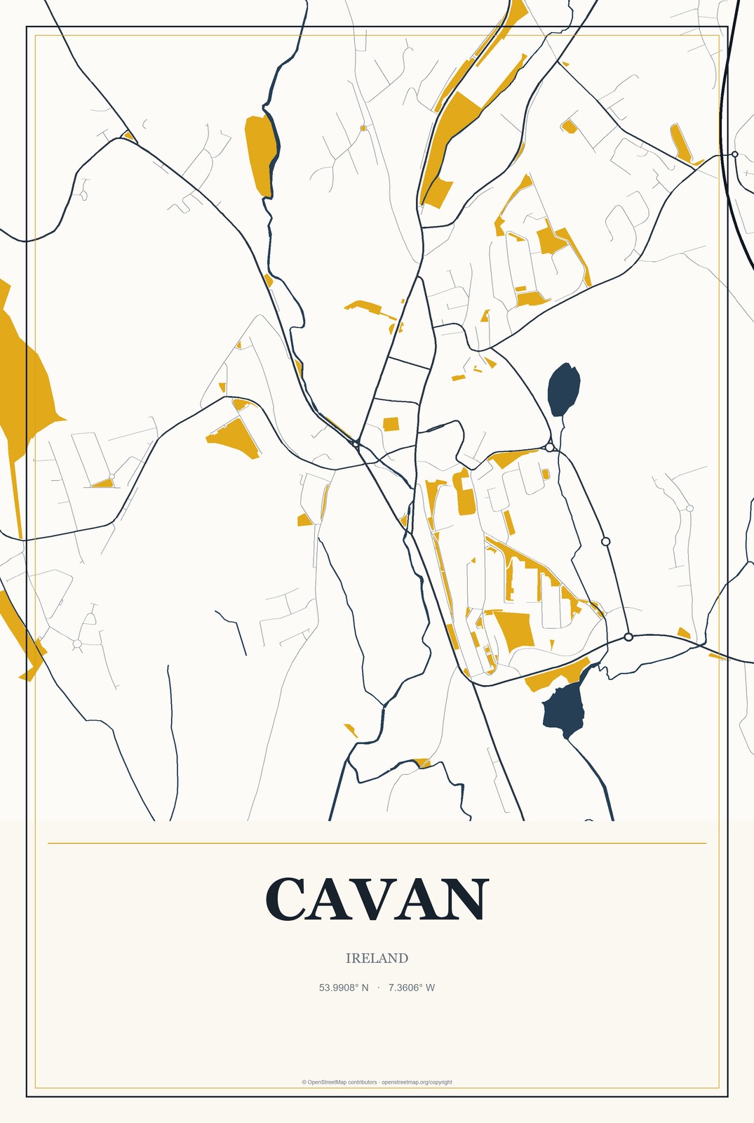 Cavan, Ireland City Map Aluminum Sign in Citrine Modern style