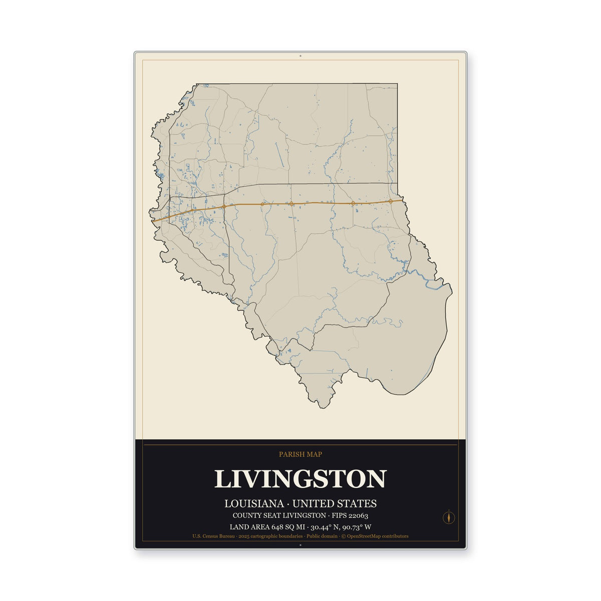 Livingston Parish, Louisiana Map Aluminum Sign in Museum Plaque style