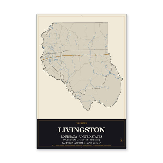 Livingston Parish, Louisiana Map Aluminum Sign in Museum Plaque style