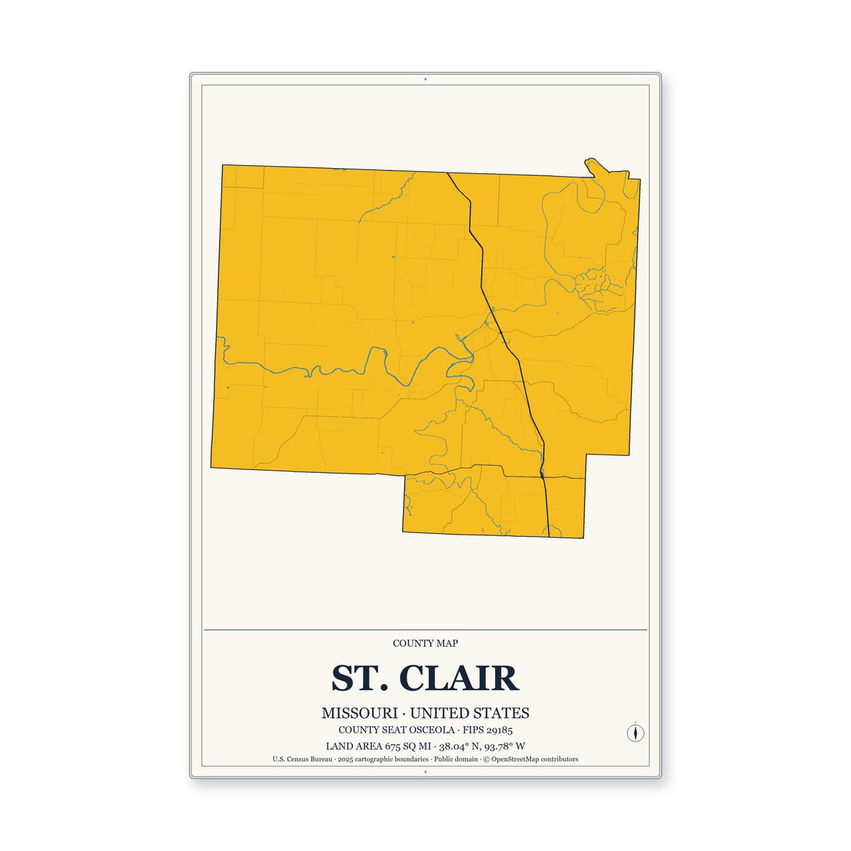 St. Clair County, Missouri Map Aluminum Sign in Citrine Modern style