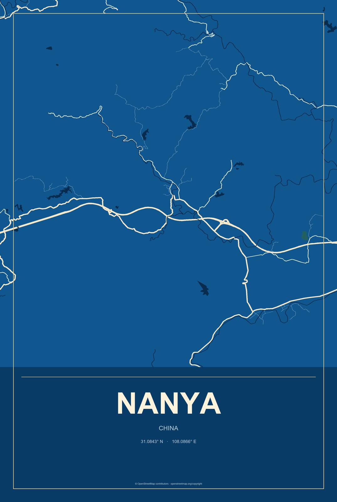 Nanya, China City Map Aluminum Sign in Harbor Cobalt style