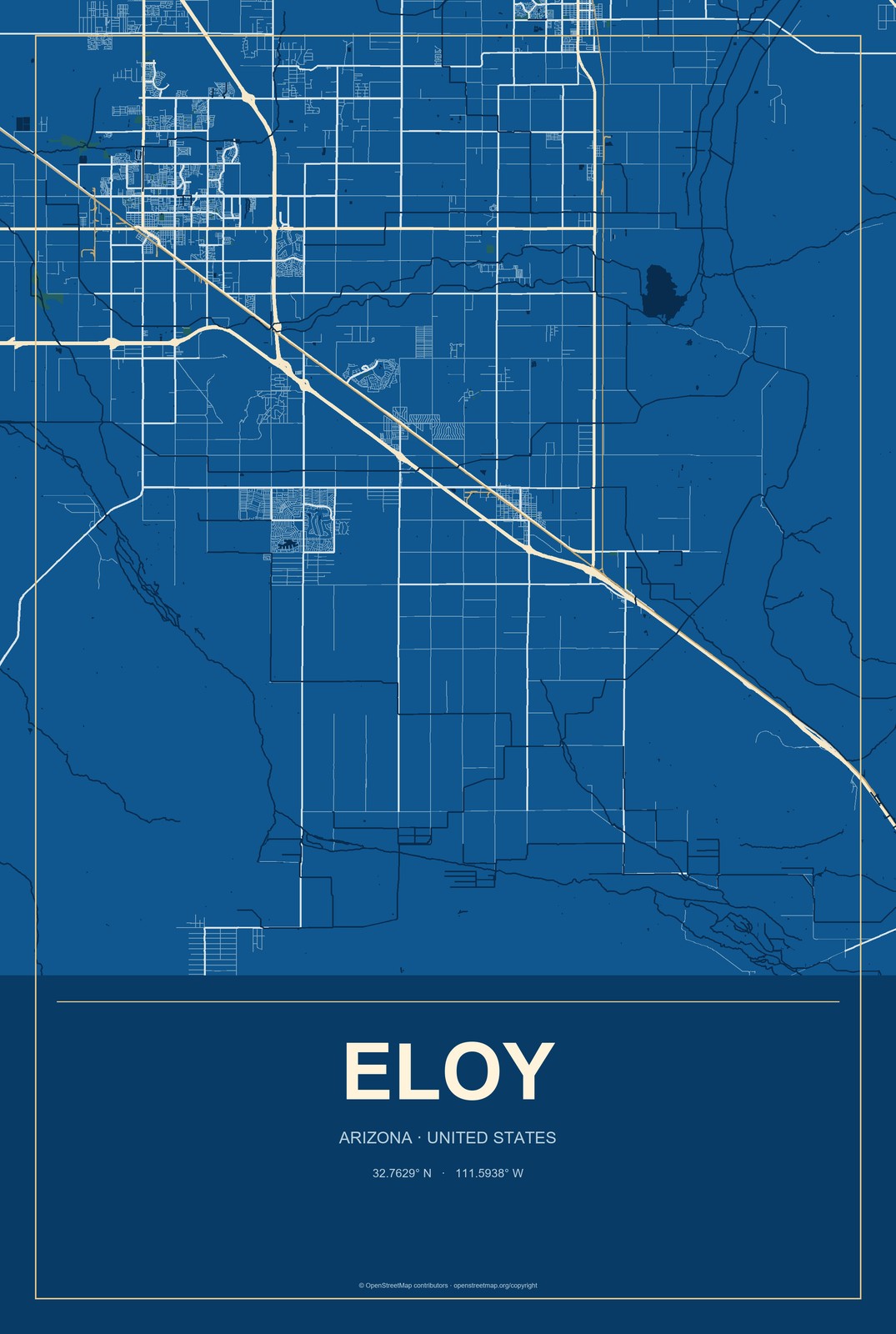 Eloy, Arizona City Map Aluminum Sign in Harbor Cobalt style