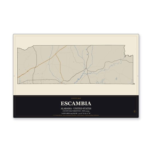 Escambia County, Alabama Map Aluminum Sign in Museum Plaque style