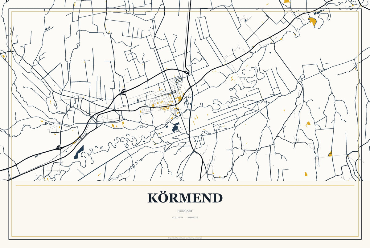 Körmend, Hungary City Map Aluminum Sign in Citrine Modern style
