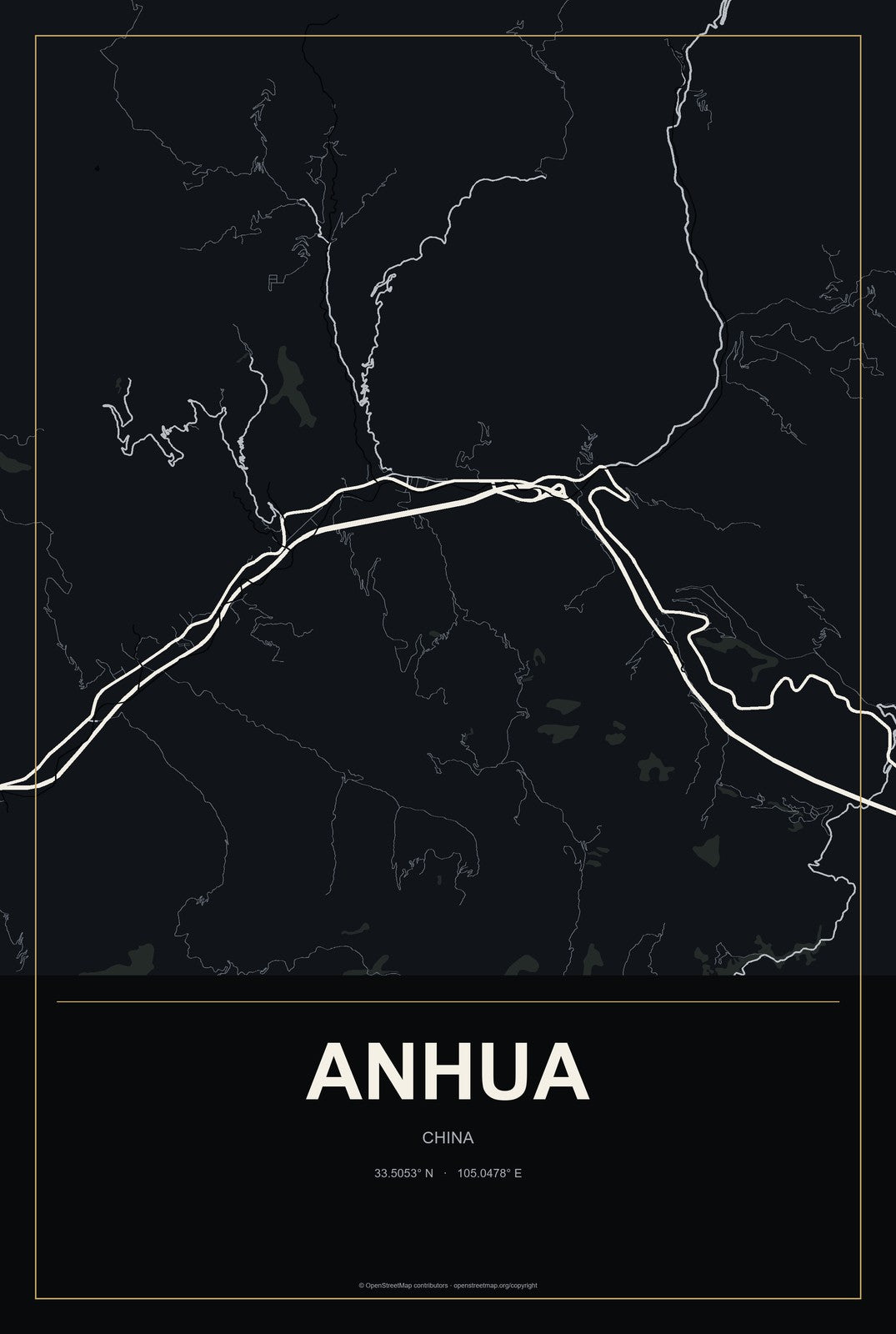 Anhua, China City Map Aluminum Sign in Metropolitan Noir style