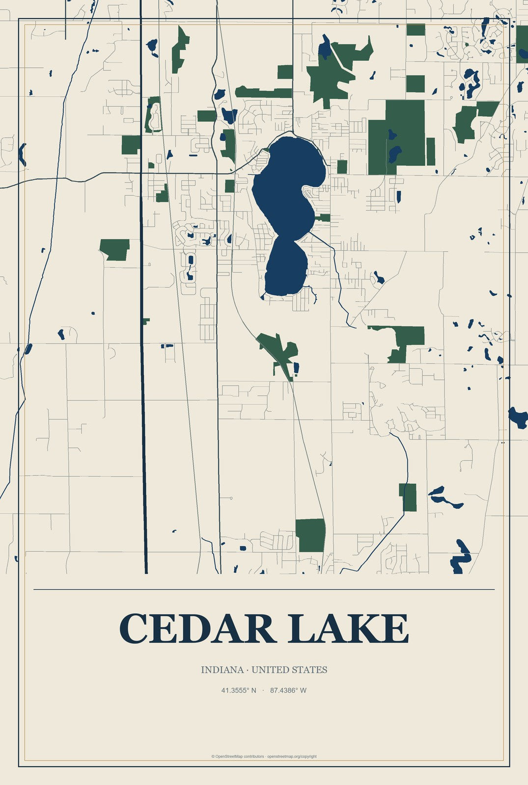 Cedar Lake, Indiana City Map Aluminum Sign in Coastal Cutout style